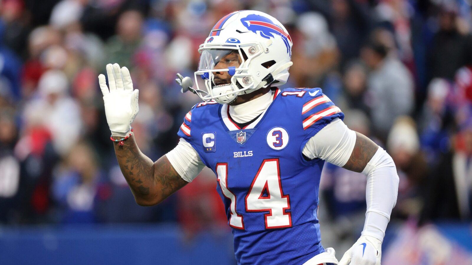 Bills receiver Stefon Diggs celebrates after his 49-yard pass for a touchdown in a 35-23 win over the Patriots.