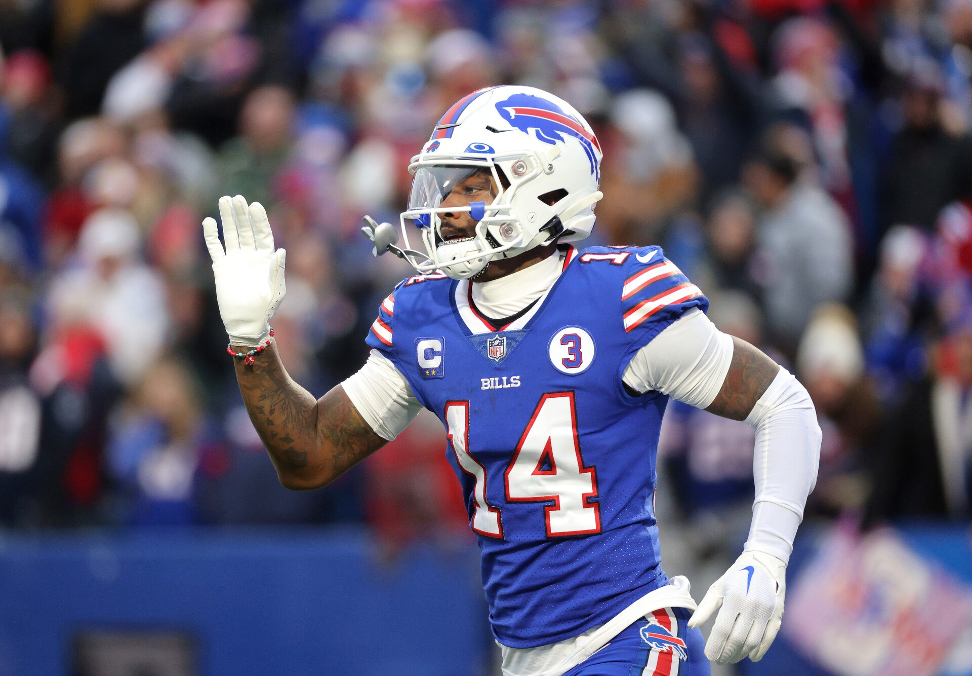 Bills receiver Stefon Diggs celebrates after his 49-yard pass for a touchdown in a 35-23 win over the Patriots.