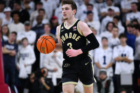 Purdue Boilermakers guard Braden Smith (3) dribbles against the Penn State Nittany Lions in the first half at The Palestra.