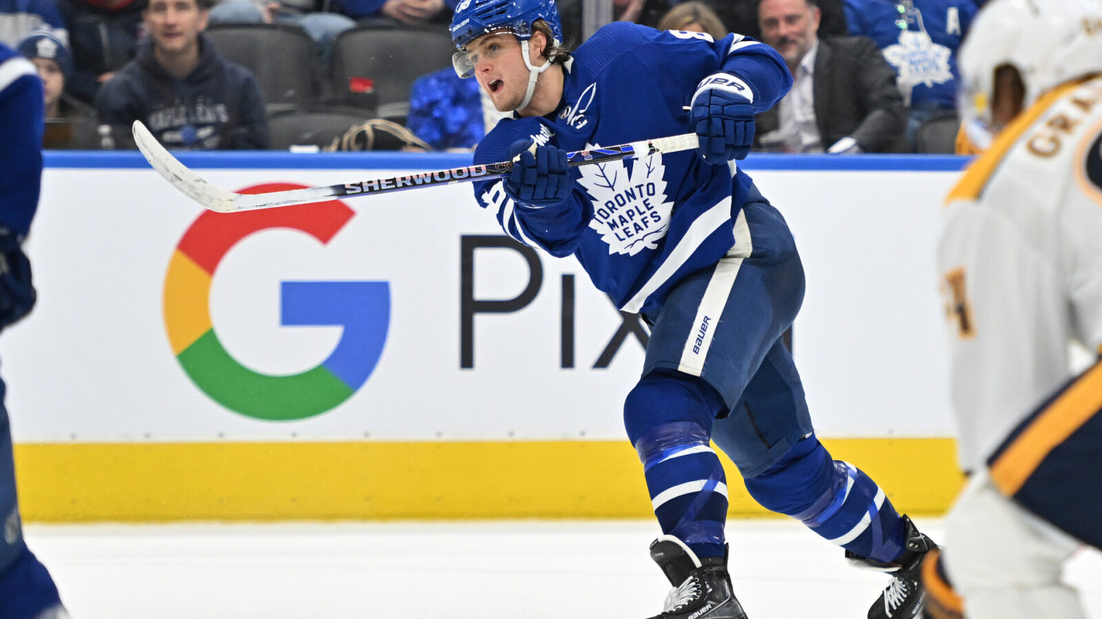 Jan 11, 2023; Toronto, Ontario, CAN; Toronto Maple Leafs forward William Nylander (88) shoots the puck against the Nashville Predators in the third period at Scotiabank Arena.