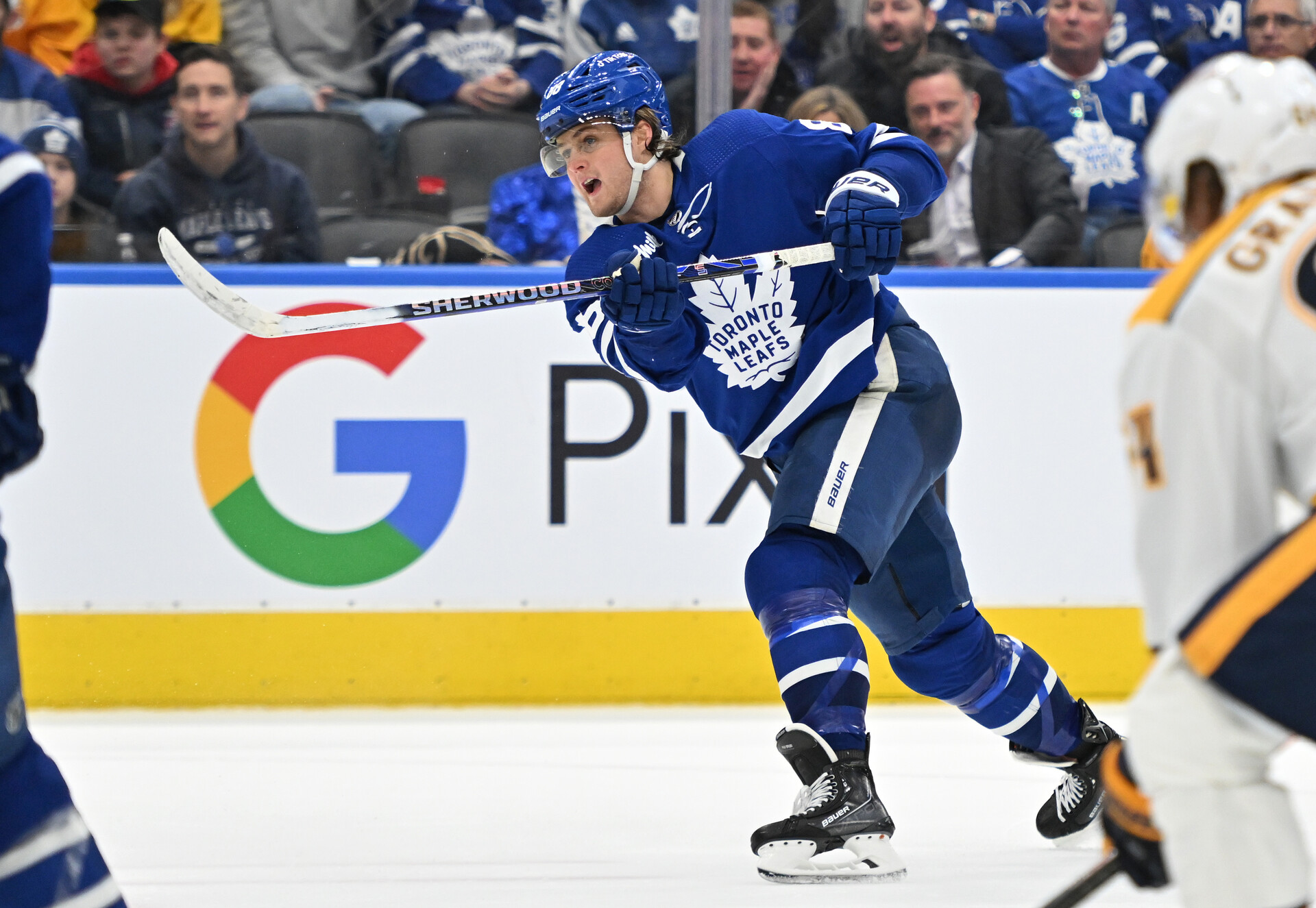 Jan 11, 2023; Toronto, Ontario, CAN; Toronto Maple Leafs forward William Nylander (88) shoots the puck against the Nashville Predators in the third period at Scotiabank Arena.