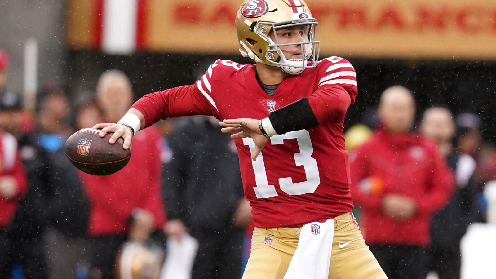 Jan 14, 2023; Santa Clara, California, USA; San Francisco 49ers quarterback Brock Purdy (13) looks to pass in the first quarter during a wild card game against the Seattle Seahawks at Levi's Stadium.