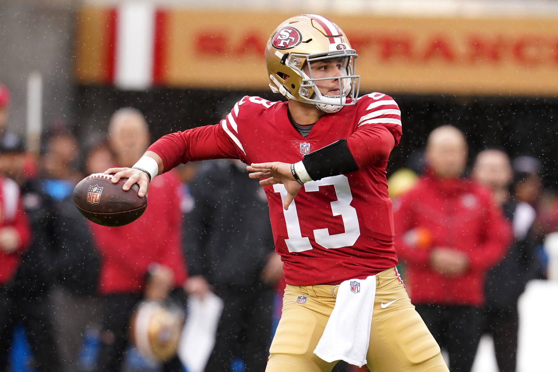 Jan 14, 2023; Santa Clara, California, USA; San Francisco 49ers quarterback Brock Purdy (13) looks to pass in the first quarter during a wild card game against the Seattle Seahawks at Levi's Stadium.