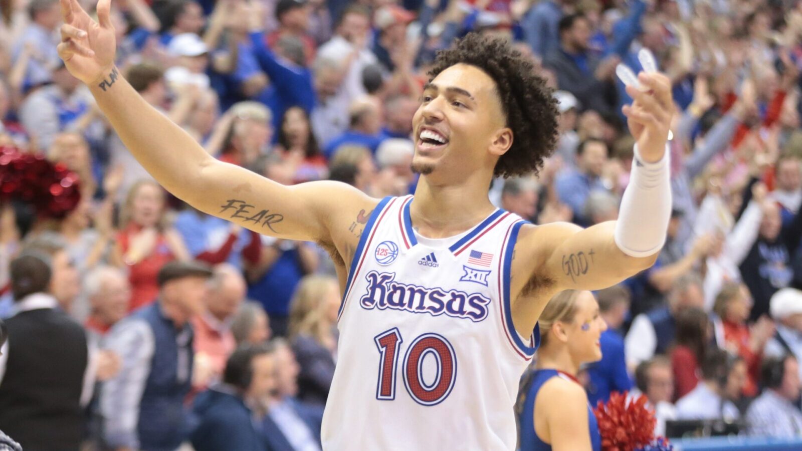 Kansas redshirt junior forward Jalen Wilson (10) celebrates their 62-60 win over Iowa State Saturday inside Allen Fieldhouse.