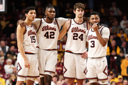 Jan 16, 2023; Minneapolis, Minnesota, USA; Illinois Fighting Illini guard RJ Melendez (15), forward Dain Dainja (42), forward Matthew Mayer (24), and guard Jayden Epps (3) looks on during the second half against the Minnesota Golden Gophers at Williams Arena.