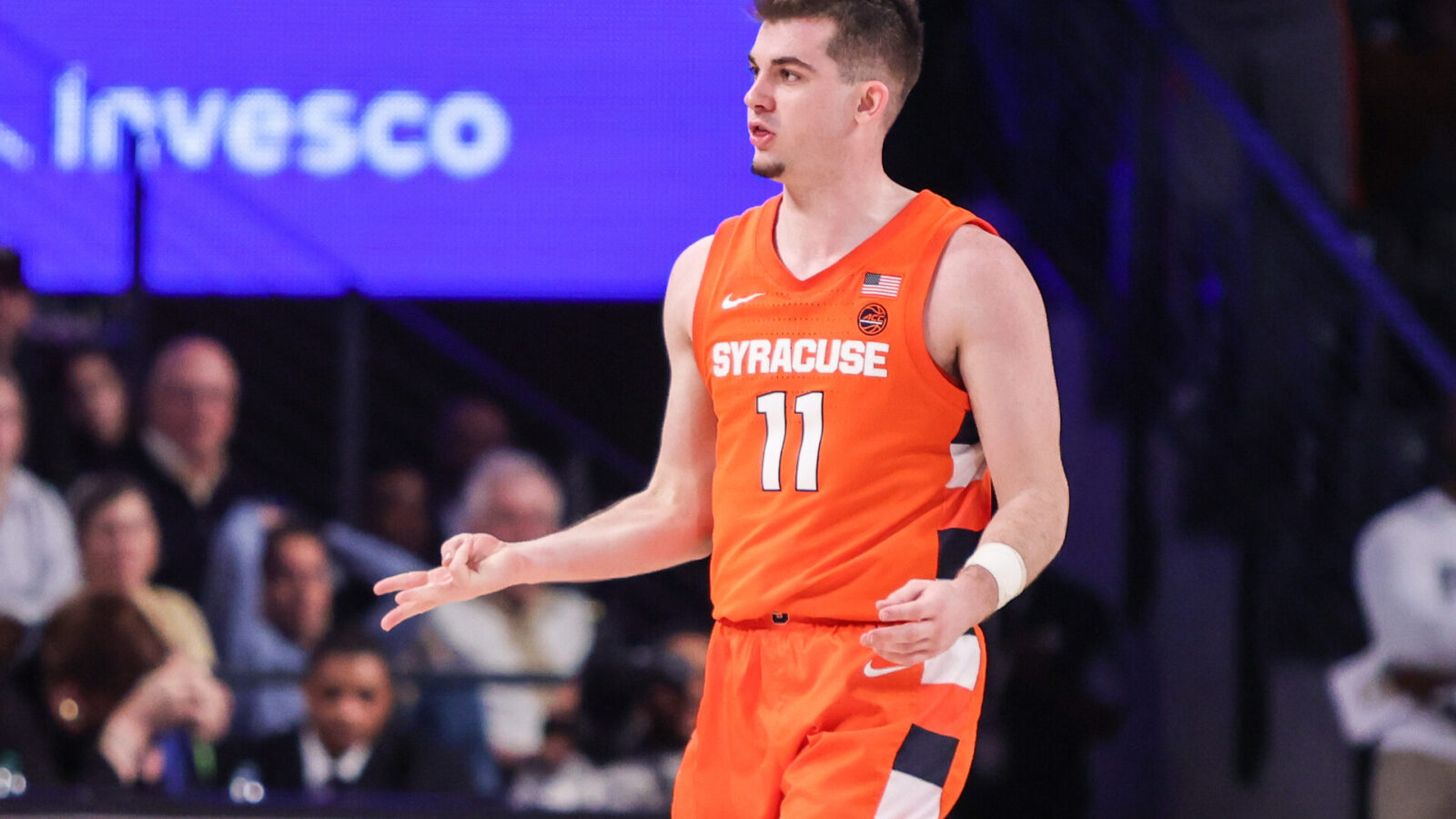 Syracuse Orange guard Joseph Girard III (11) celebrates after a three-pointer against the Georgia Tech Yellow Jackets in the first half at McCamish Pavilion.