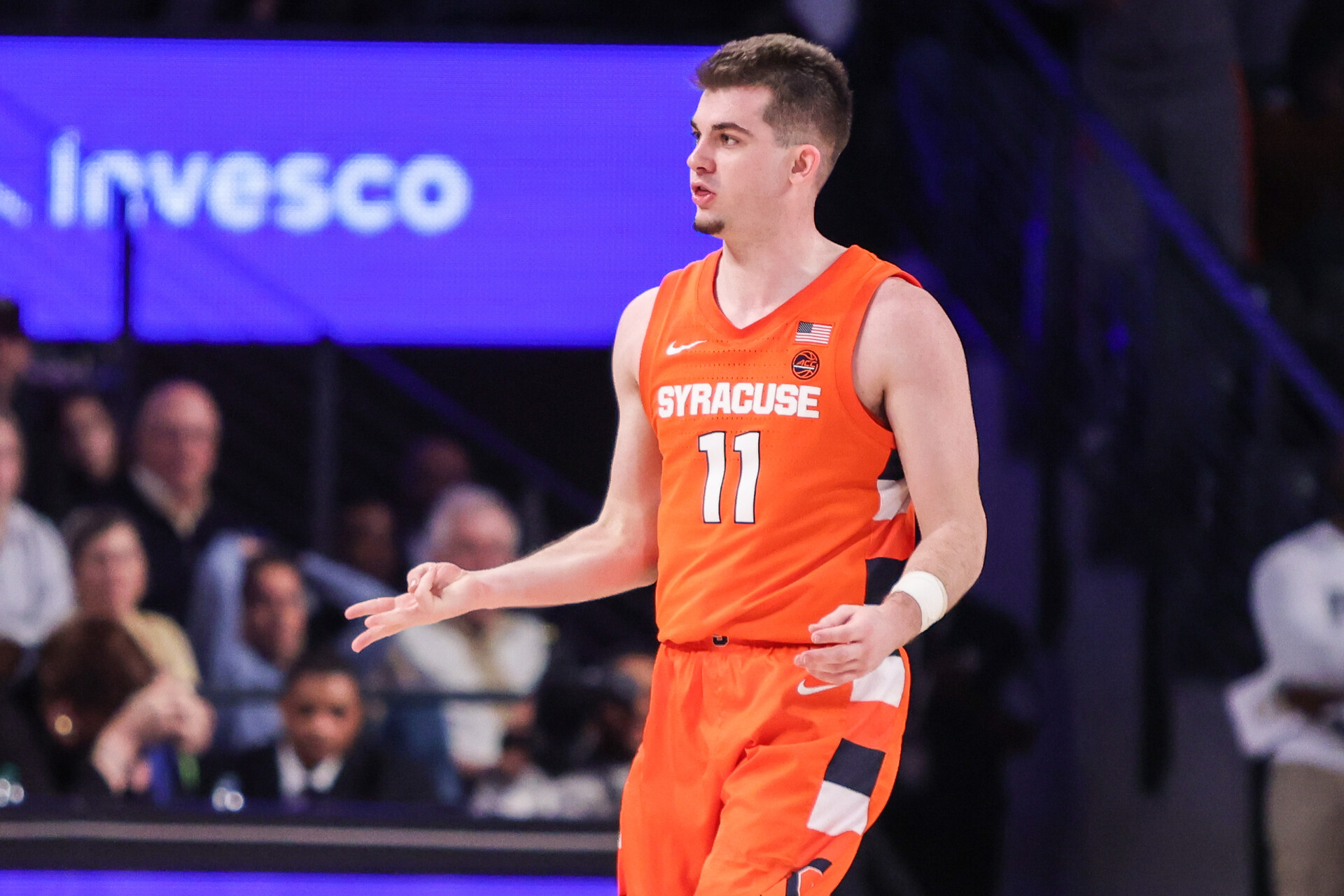 Syracuse Orange guard Joseph Girard III (11) celebrates after a three-pointer against the Georgia Tech Yellow Jackets in the first half at McCamish Pavilion.