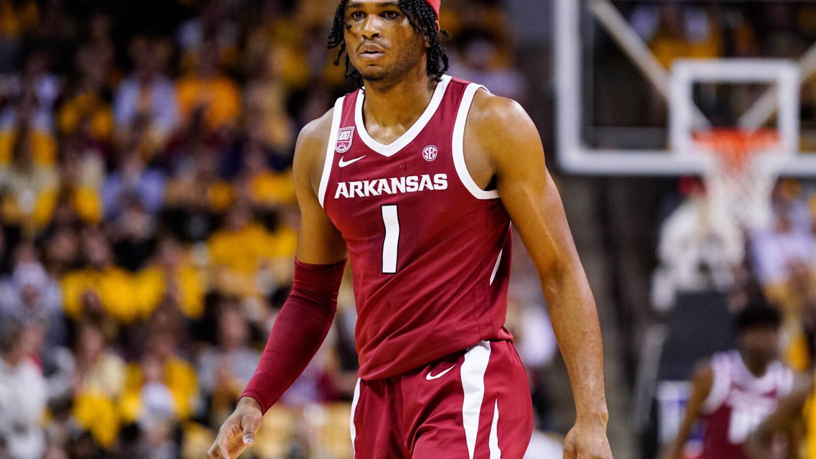 Arkansas Razorbacks guard Ricky Council IV (1) reacts during the second half against the Missouri Tigers at Mizzou Arena.