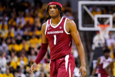 Arkansas Razorbacks guard Ricky Council IV (1) reacts during the second half against the Missouri Tigers at Mizzou Arena.