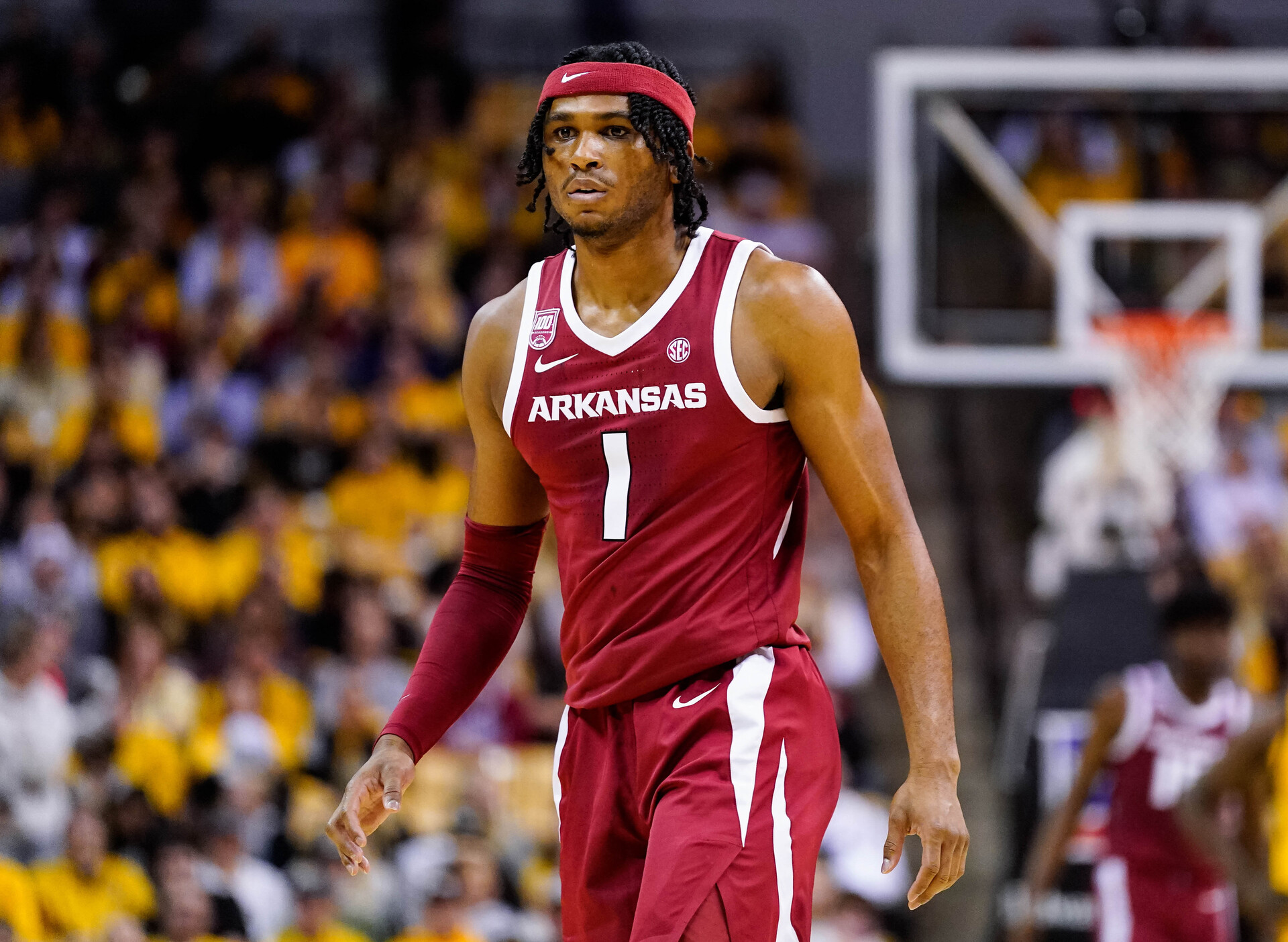 Arkansas Razorbacks guard Ricky Council IV (1) reacts during the second half against the Missouri Tigers at Mizzou Arena.