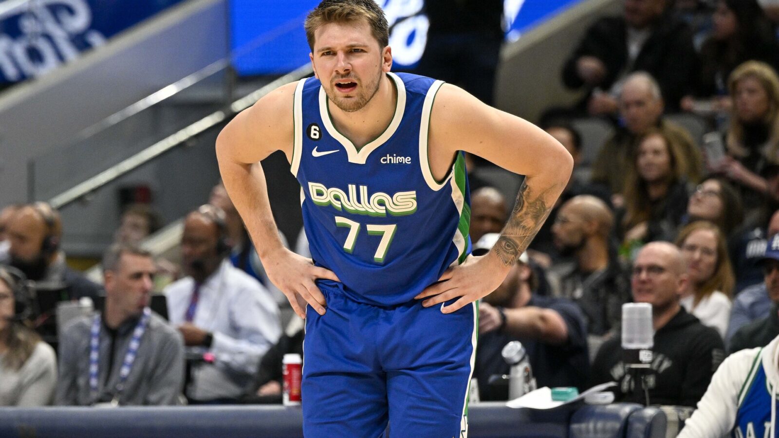 Dallas Mavericks guard Luka Doncic (77) reacts to receiving a technical foul during the second half against the Washington Wizards at the American Airlines Center.