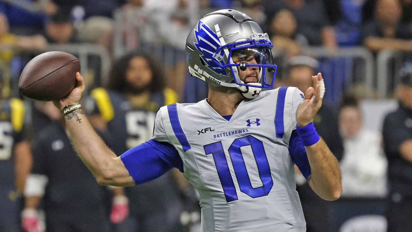 A.J. McCarron #10 of the St. Louis Battlehawks prepares to throw a pass against the San Antonio Brahamas at the Alamodome on February 19, 2023 in San Antonio, Texas.
