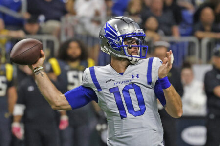 A.J. McCarron #10 of the St. Louis Battlehawks prepares to throw a pass against the San Antonio Brahamas at the Alamodome on February 19, 2023 in San Antonio, Texas.