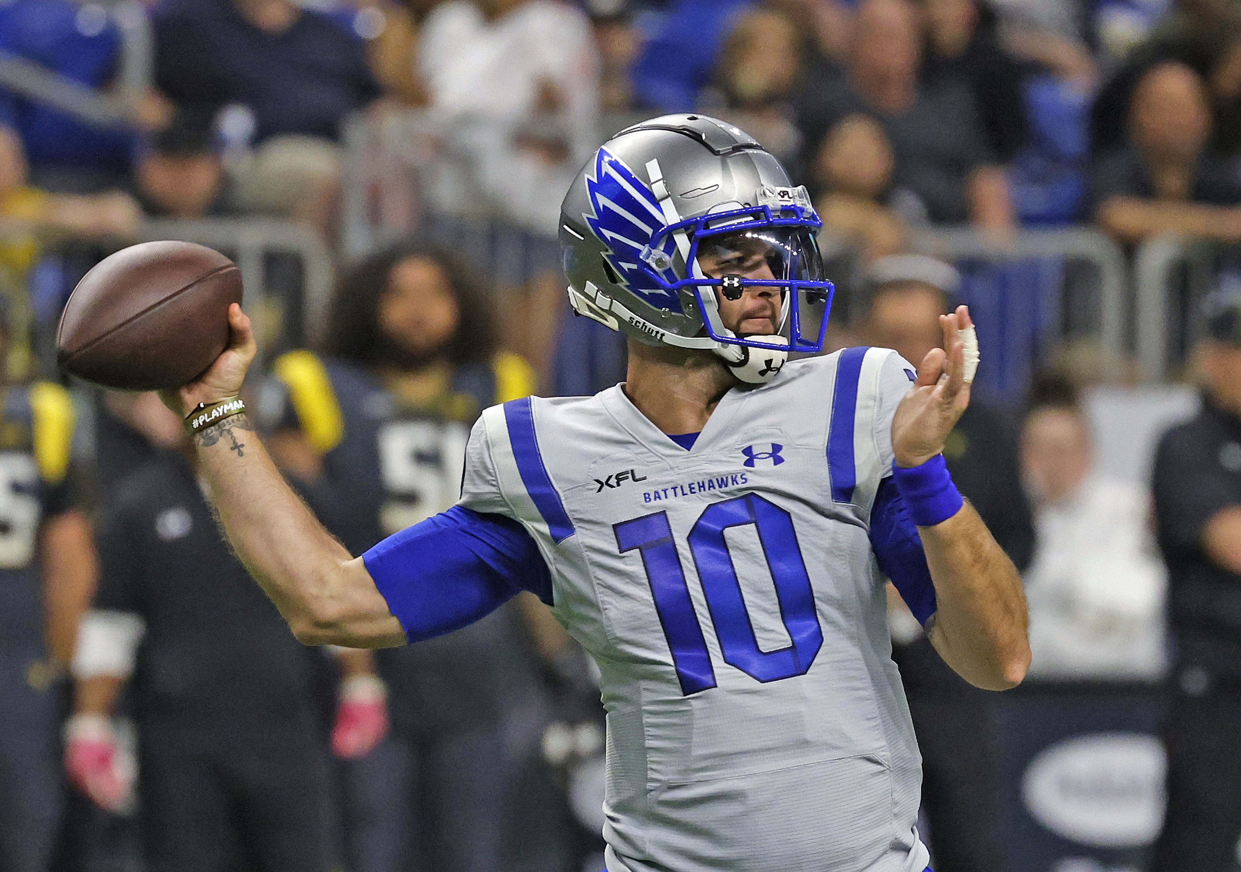 A.J. McCarron #10 of the St. Louis Battlehawks prepares to throw a pass against the San Antonio Brahamas at the Alamodome on February 19, 2023 in San Antonio, Texas.