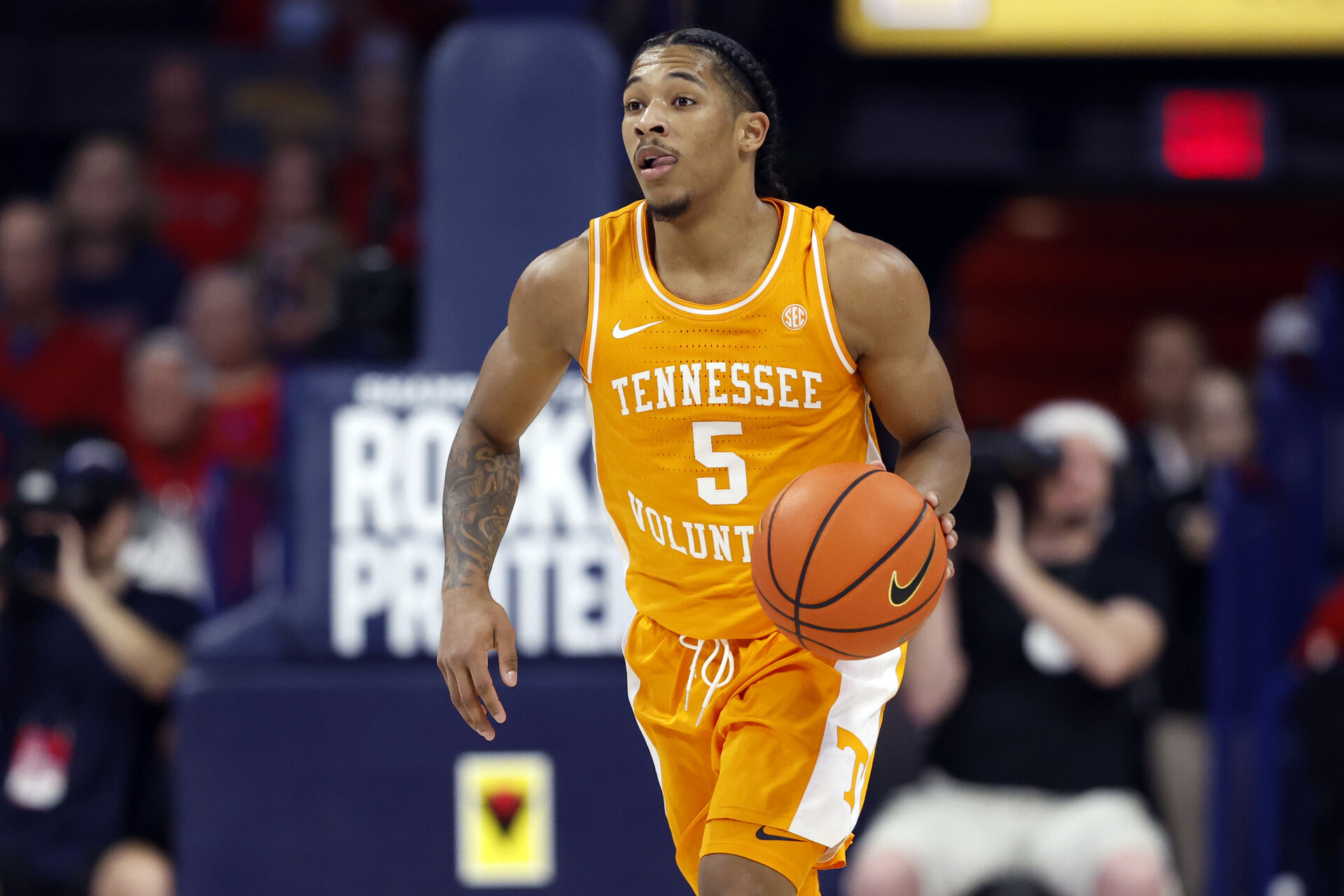 Zakai Zeigler #5 of the Tennessee Volunteers dribbles the ball up the floor during the second half against the Arizona Wildcats at McKale Center on December 17, 2022 in Tucson, Arizona. The Wildcats beat the Volunteers 75-70.