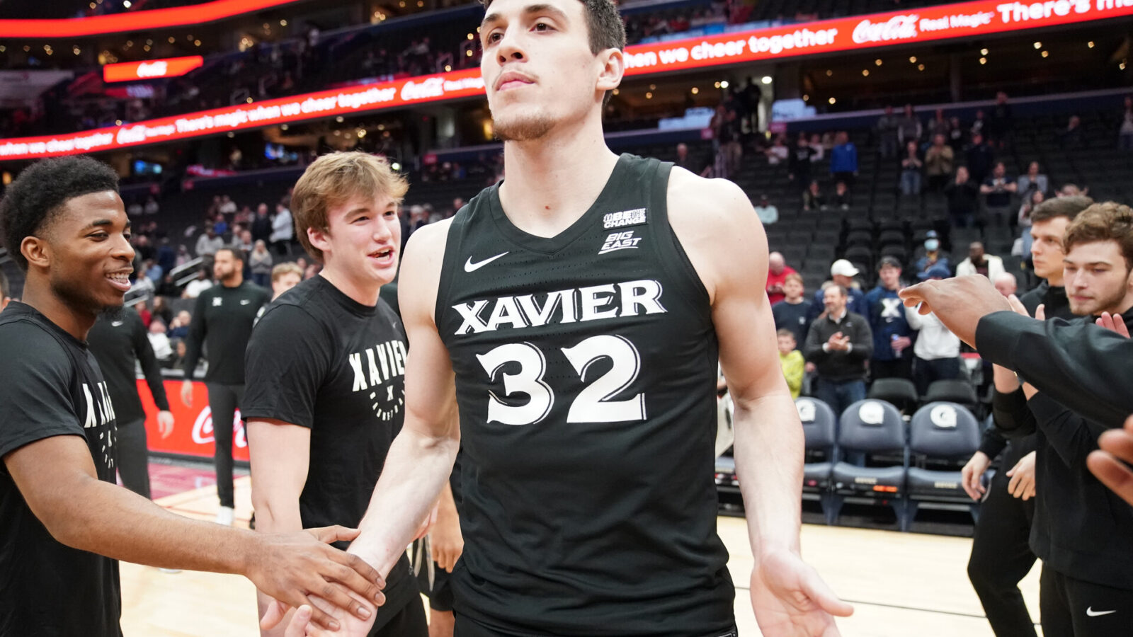 Zach Freemantle #32 of the Xavier Musketeers is introduced before a college basketball game against the Georgetown Hoyas at Capital One Arena on December 16, 2022 in Washington, DC.