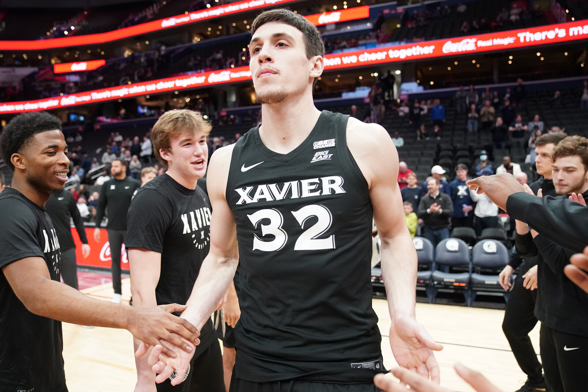 Zach Freemantle #32 of the Xavier Musketeers is introduced before a college basketball game against the Georgetown Hoyas at Capital One Arena on December 16, 2022 in Washington, DC.