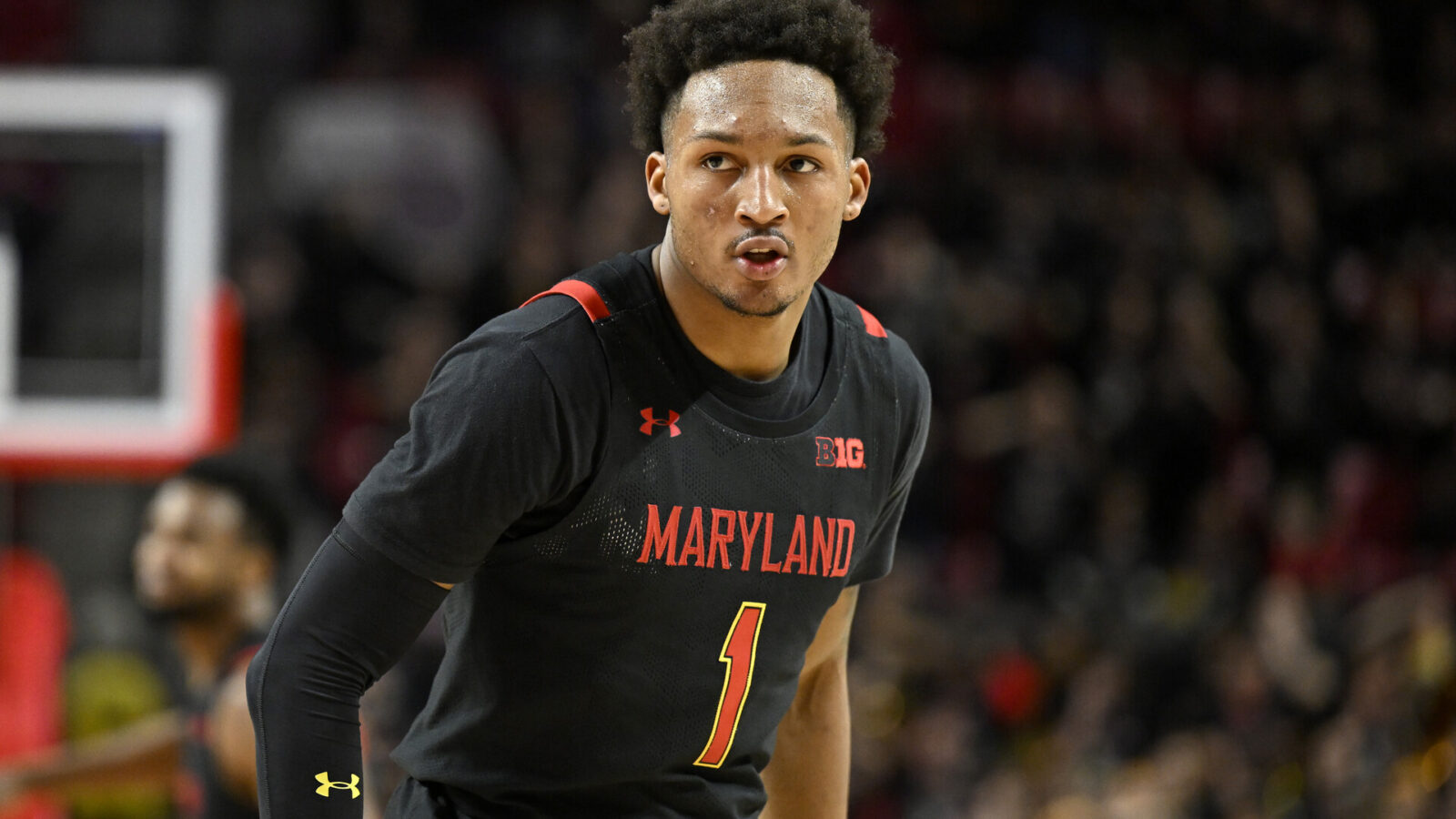 Jahmir Young #1 of the Maryland Terrapins plays against the Wisconsin Badgers at Xfinity Center on January 25, 2023 in College Park, Maryland.