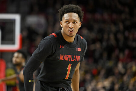 Jahmir Young #1 of the Maryland Terrapins plays against the Wisconsin Badgers at Xfinity Center on January 25, 2023 in College Park, Maryland.