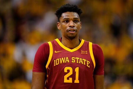 Osun Osunniyi #21 of the Iowa State Cyclones during the second half against the Missouri Tigers at Mizzou Arena on January 28, 2023 in Columbia, Missouri.