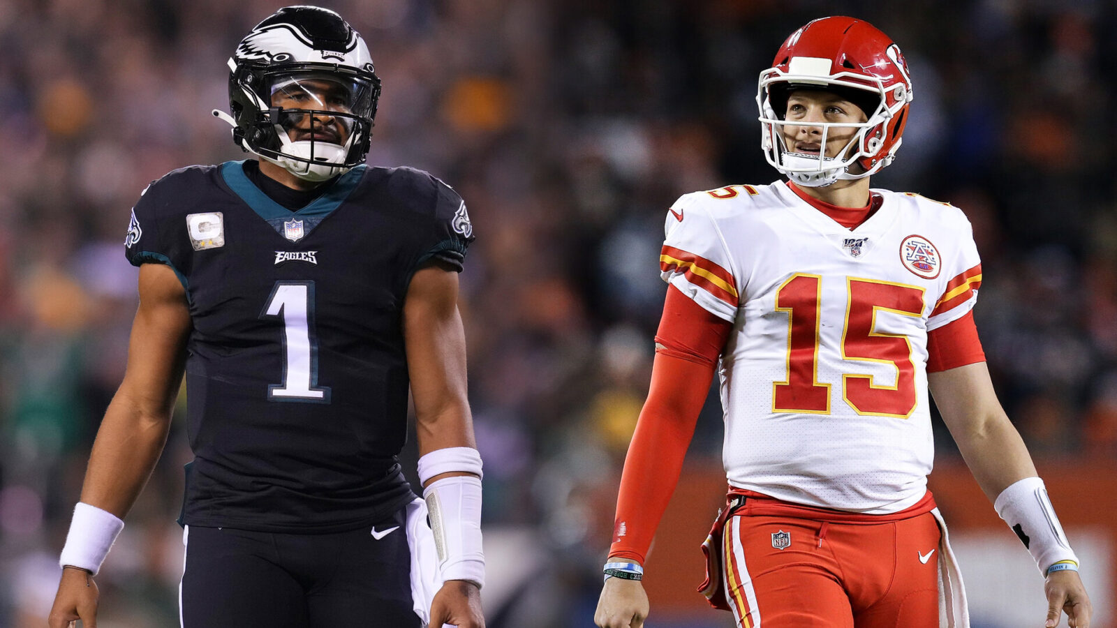 In this composite image a comparison has been made between quarterback Jalen Hurts #1 of the Philadelphia Eagles (L) and quarterback Patrick Mahomes #15 of the Kansas City Chiefs (R). They will meet in Super Bowl LVII on February 12,2023 at State Farm Stadium in Glendale, Arizona. ***LEFT IMAGE PHILADELPHIA, PA - NOVEMBER 27: Jalen Hurts #1 of the Philadelphia Eagles looks on against the Green Bay Packers at Lincoln Financial Field on November 27, 2022 in Philadelphia, Pennsylvania. (Photo by Mitchell Leff/Getty Images) ***RIGHT IMAGE CHICAGO, ILLINOIS - DECEMBER 22: Patrick Mahomes #15 of the Kansas City Chiefs walks across the field in the third quarter against the Chicago Bears at Soldier Field on December 22, 2019 in Chicago, Illinois.