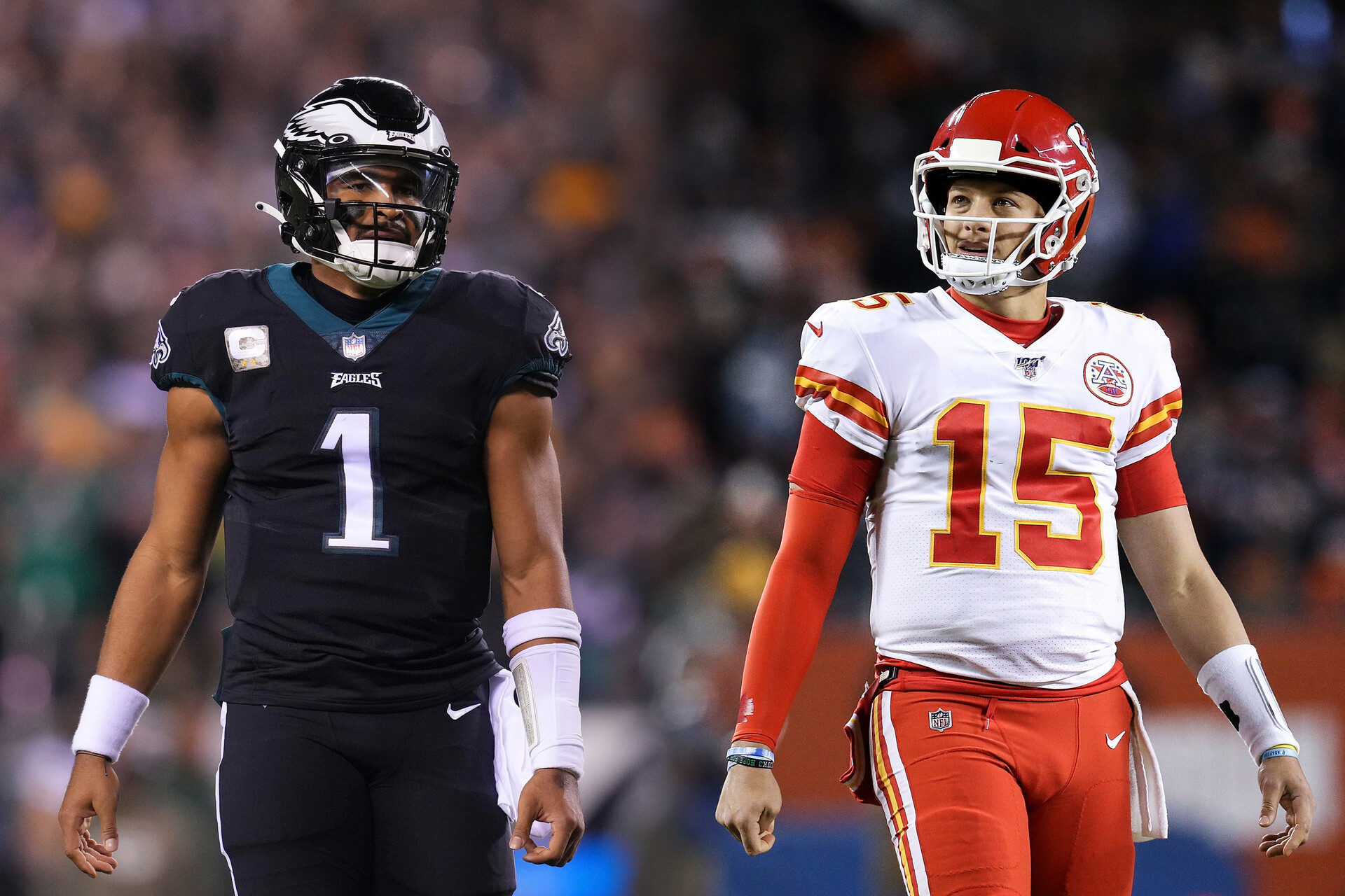 In this composite image a comparison has been made between quarterback Jalen Hurts #1 of the Philadelphia Eagles (L) and quarterback Patrick Mahomes #15 of the Kansas City Chiefs (R). They will meet in Super Bowl LVII on February 12,2023 at State Farm Stadium in Glendale, Arizona. ***LEFT IMAGE PHILADELPHIA, PA - NOVEMBER 27: Jalen Hurts #1 of the Philadelphia Eagles looks on against the Green Bay Packers at Lincoln Financial Field on November 27, 2022 in Philadelphia, Pennsylvania. (Photo by Mitchell Leff/Getty Images) ***RIGHT IMAGE CHICAGO, ILLINOIS - DECEMBER 22: Patrick Mahomes #15 of the Kansas City Chiefs walks across the field in the third quarter against the Chicago Bears at Soldier Field on December 22, 2019 in Chicago, Illinois.