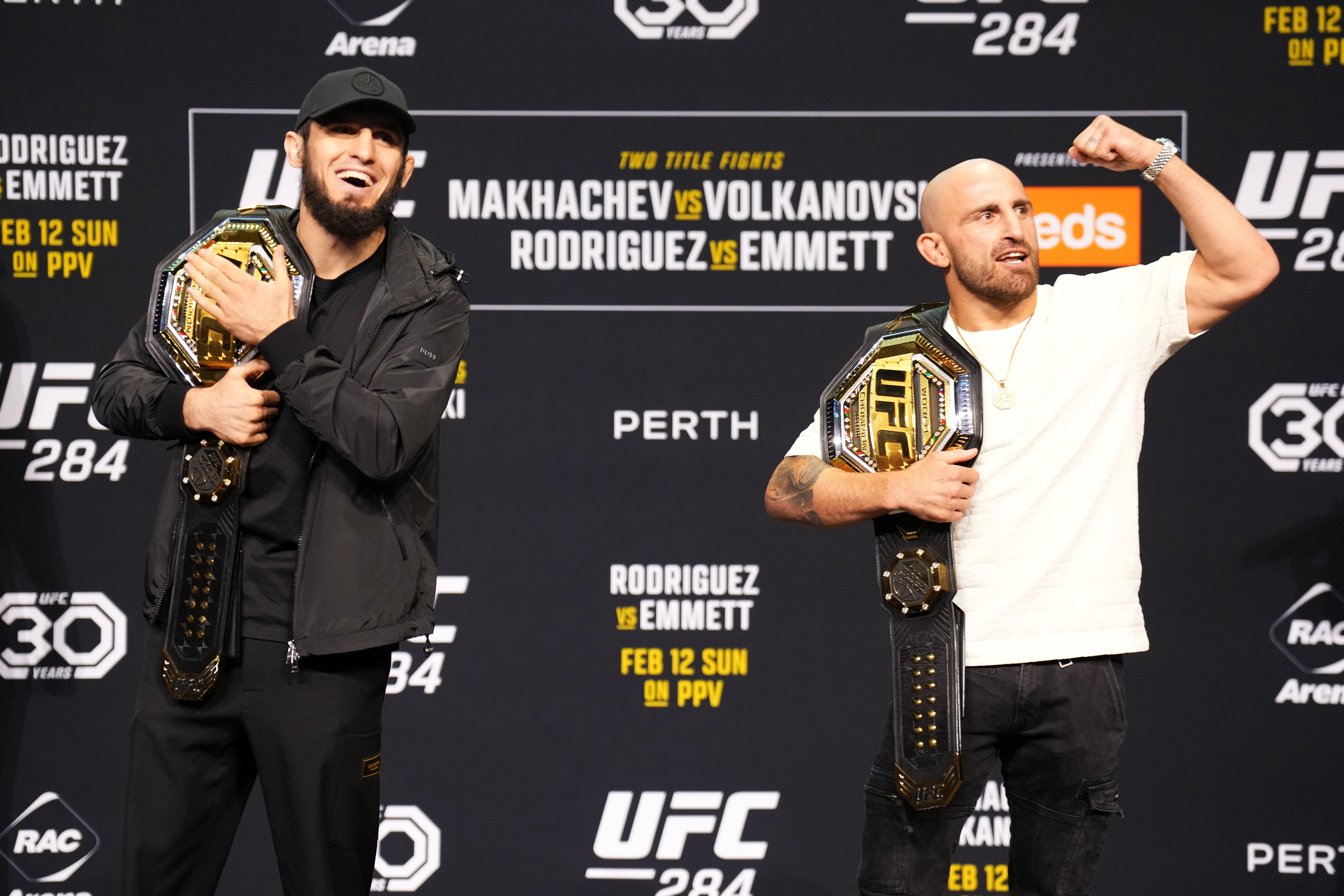 PERTH, AUSTRALIA - FEBRUARY 10: (L-R) Islam Makhachev of Russia and Alexander Volkanovski of Australia pose during the UFC 284 press conference at RAC Arena on February 10, 2023 in Perth, Australia.