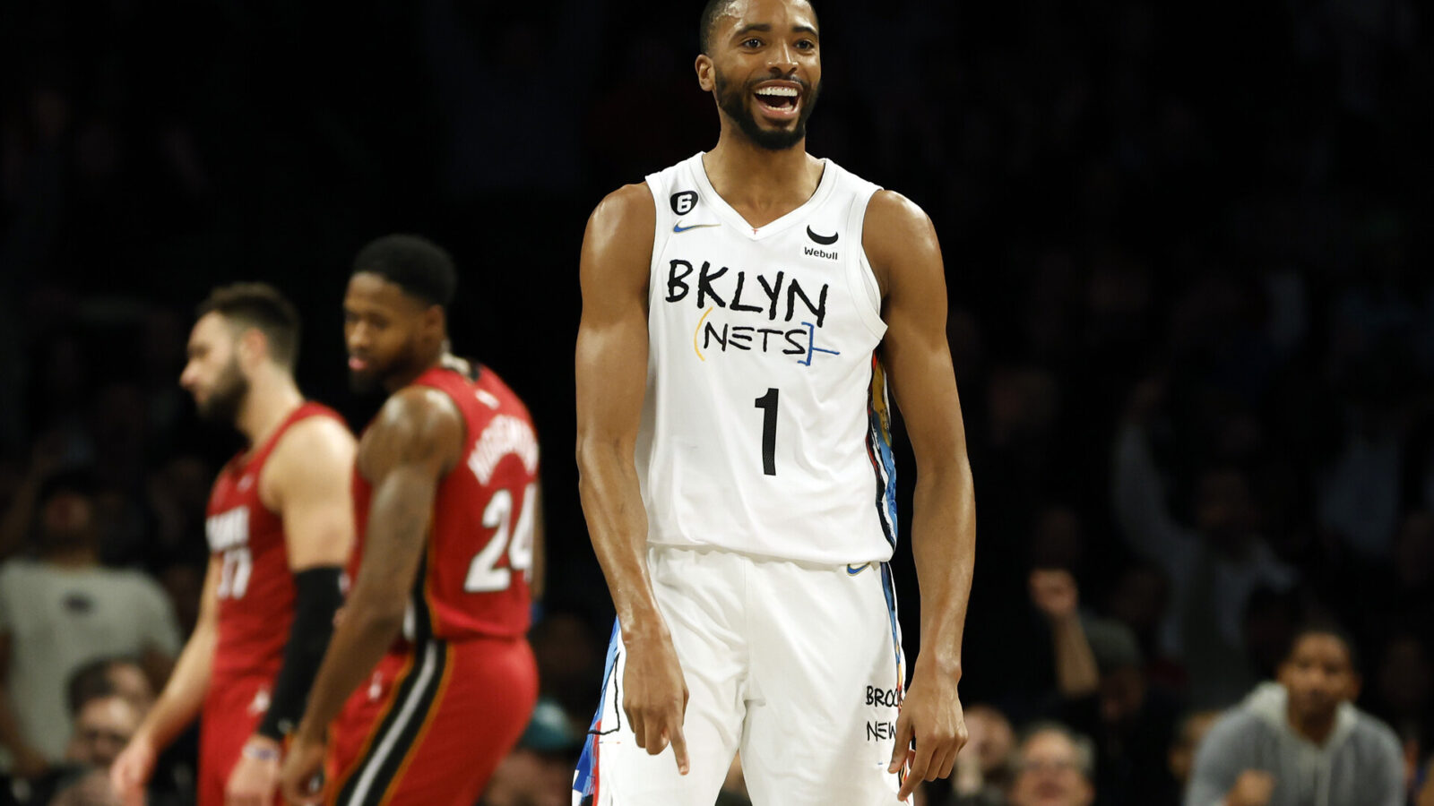 Mikal Bridges #1 of the Brooklyn Nets reacts during the second half against the Miami Heat at Barclays Center on February 15, 2023 in the Brooklyn borough of New York City. The Nets won 116-105.