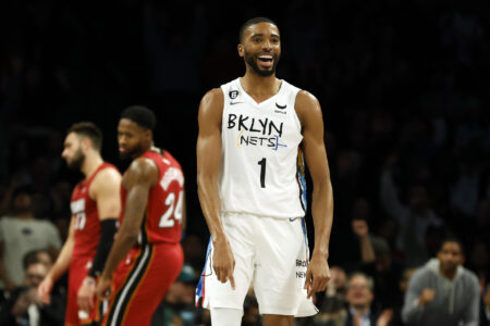 Mikal Bridges #1 of the Brooklyn Nets reacts during the second half against the Miami Heat at Barclays Center on February 15, 2023 in the Brooklyn borough of New York City. The Nets won 116-105.