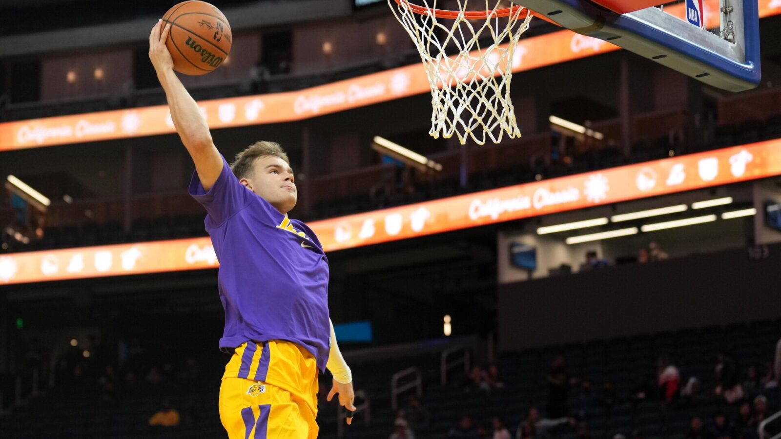 Los Angeles Lakers guard Mac McClung (55) warms up before the game against the Miami Heat at the California Summer League at Chase Center.