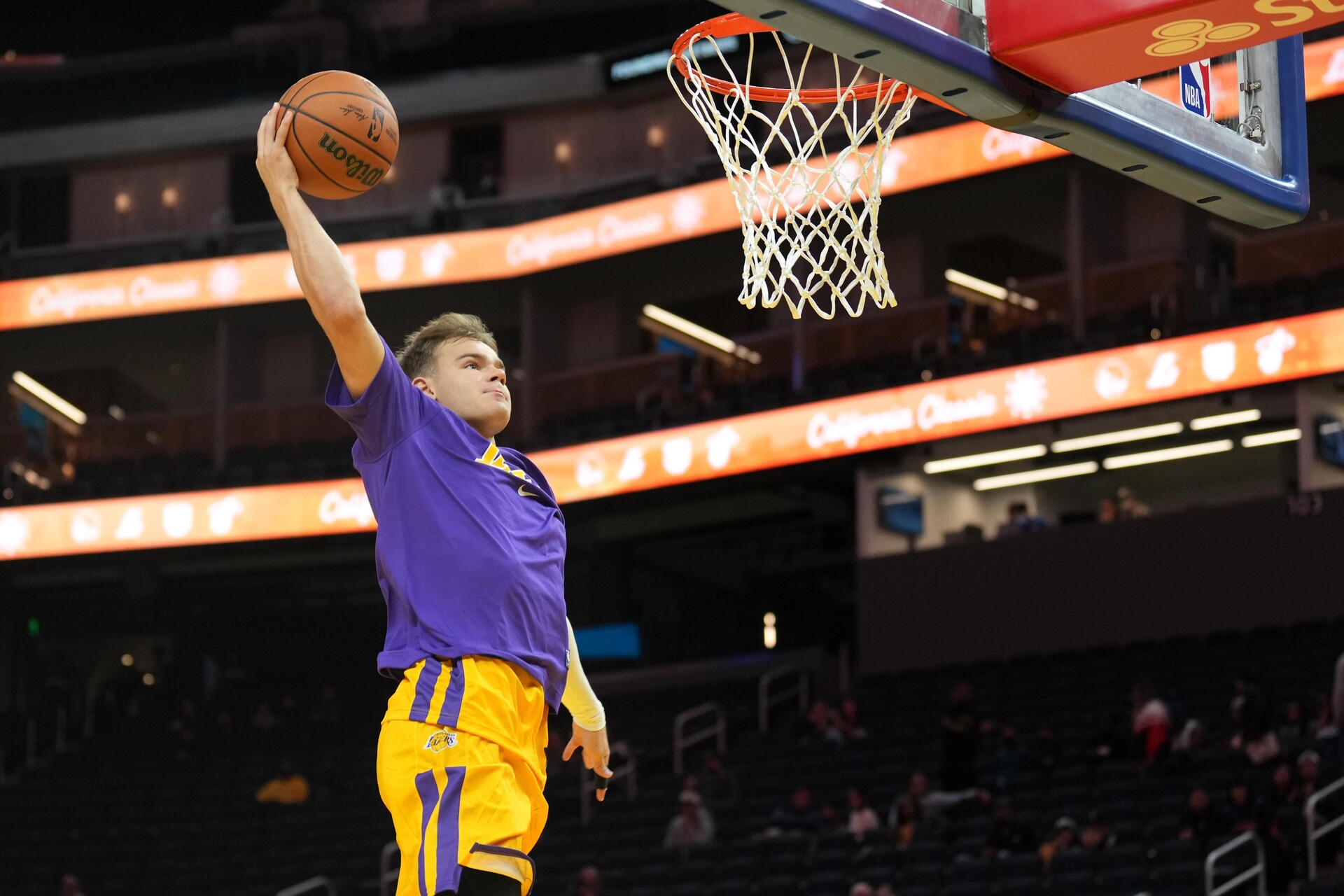 Los Angeles Lakers guard Mac McClung (55) warms up before the game against the Miami Heat at the California Summer League at Chase Center.