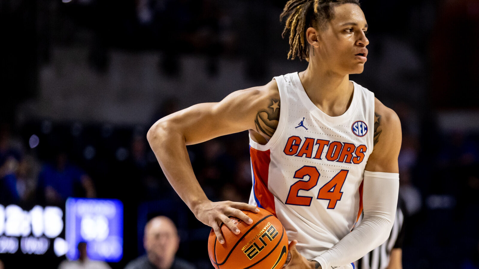 Florida Gators guard Riley Kugel (24) looks to pass during the second half against the Stony Brook Seawolves at Exactech Arena at the Stephen C. O'Connell Center.