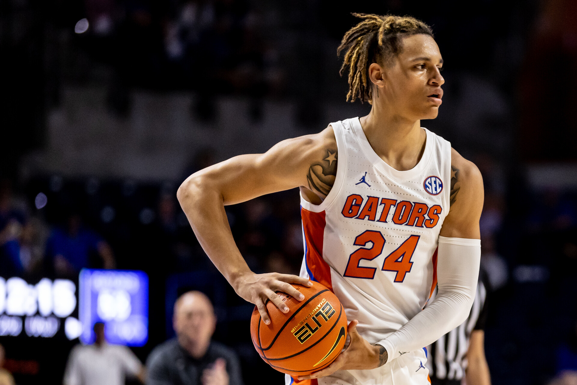 Florida Gators guard Riley Kugel (24) looks to pass during the second half against the Stony Brook Seawolves at Exactech Arena at the Stephen C. O'Connell Center.