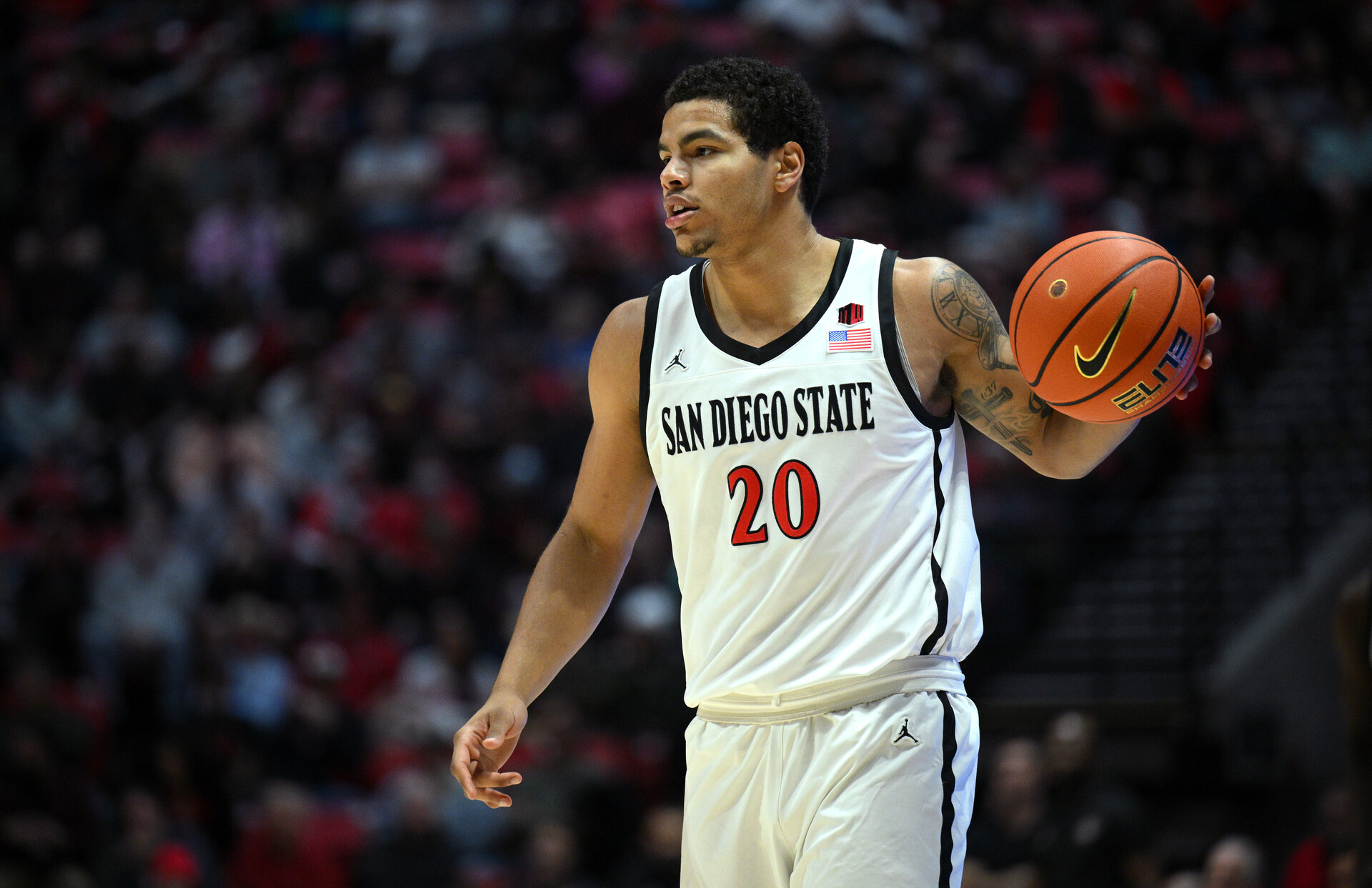 San Diego State Aztecs guard Matt Bradley (20) dribbles the ball during the first half against the UC San Diego Tritons at Viejas Arena.