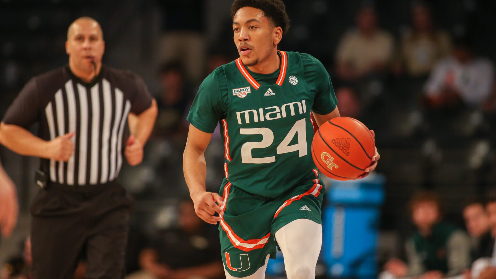 Miami Hurricanes guard Nijel Pack (24) dribbles against the Georgia Tech Yellow Jackets in the first half at McCamish Pavilion.
