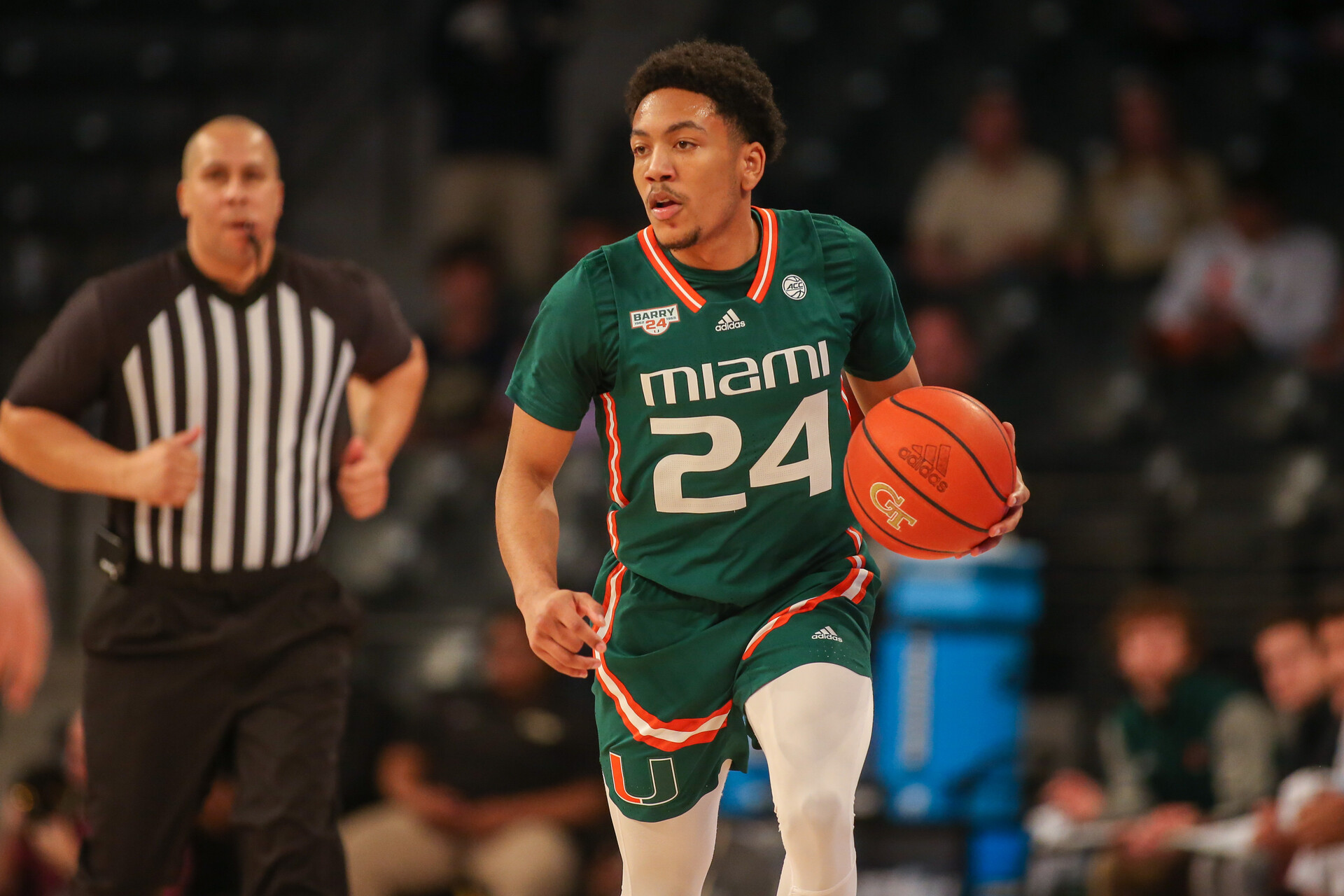 Miami Hurricanes guard Nijel Pack (24) dribbles against the Georgia Tech Yellow Jackets in the first half at McCamish Pavilion.