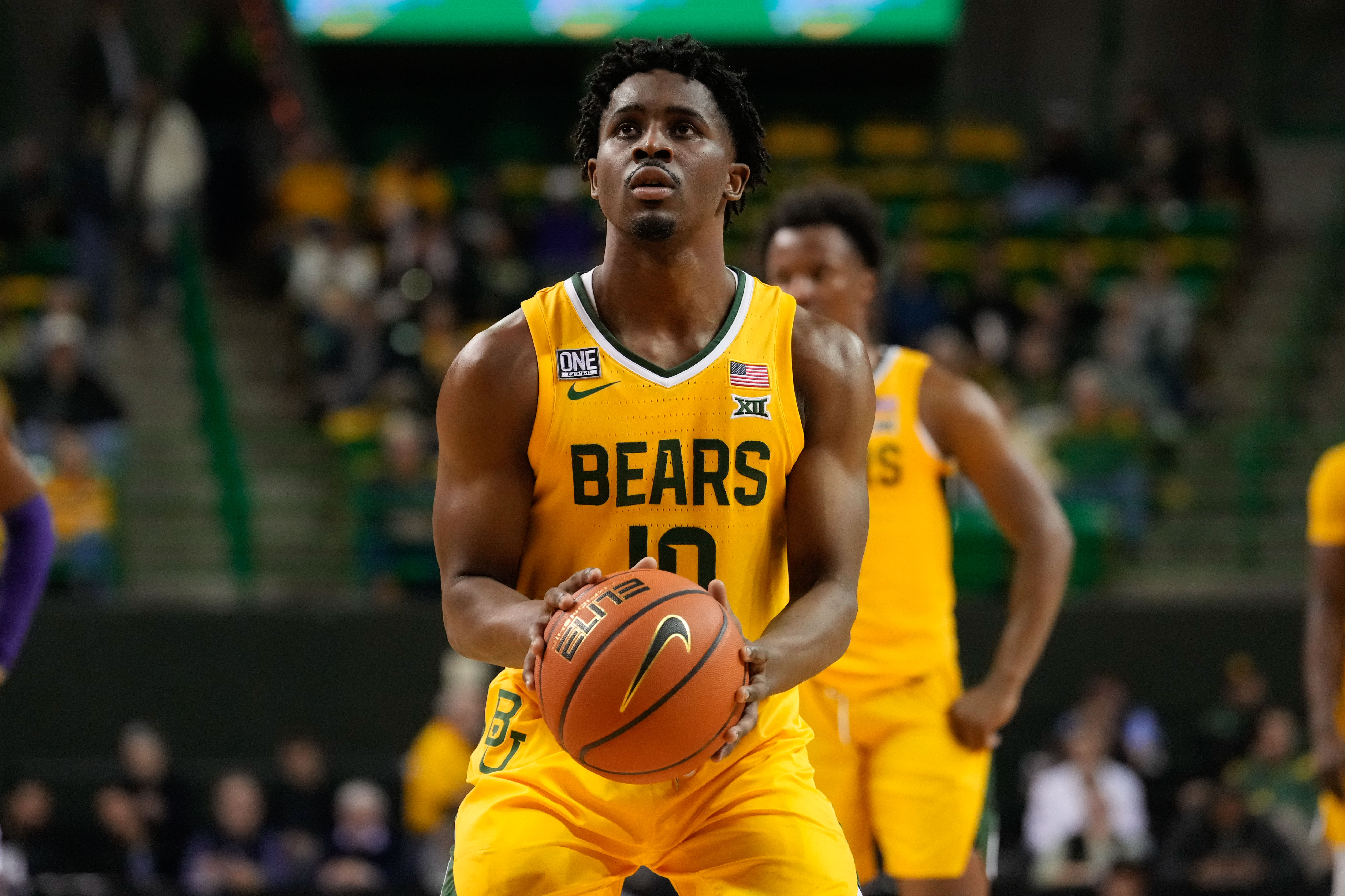 Baylor Bears guard Adam Flagler (10) shoots a free throw against the TCU Horned Frogs during the first half at Ferrell Center.