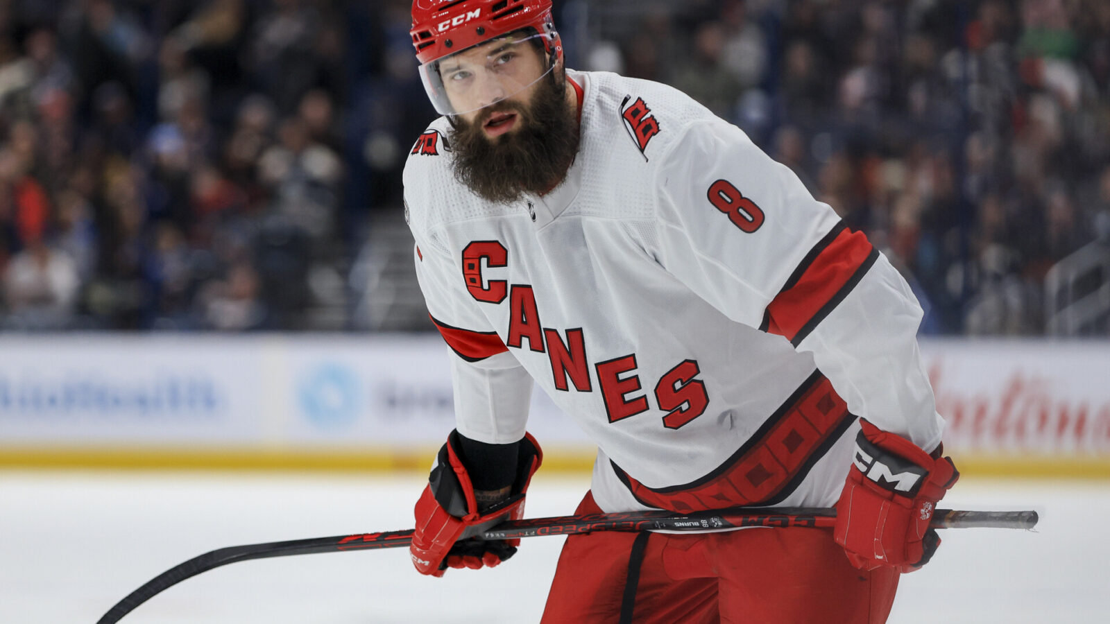 Carolina Hurricanes defenseman Brent Burns (8) awaits the face-off against the Columbus Blue Jackets in the first period at Nationwide Arena.