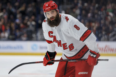 Carolina Hurricanes defenseman Brent Burns (8) awaits the face-off against the Columbus Blue Jackets in the first period at Nationwide Arena.