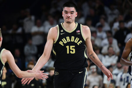 Purdue Boilermakers center Zach Edey (15) celebrates after scoring against the Penn State Nittany Lions in the second half at The Palestra.