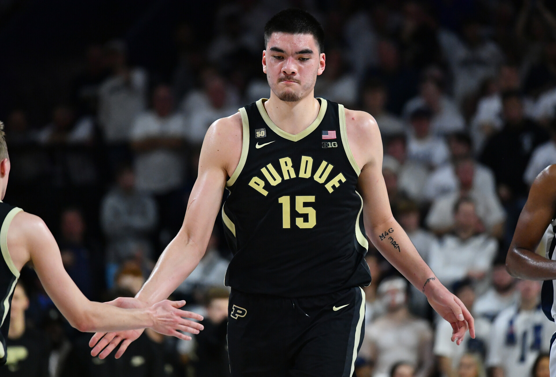 Purdue Boilermakers center Zach Edey (15) celebrates after scoring against the Penn State Nittany Lions in the second half at The Palestra.
