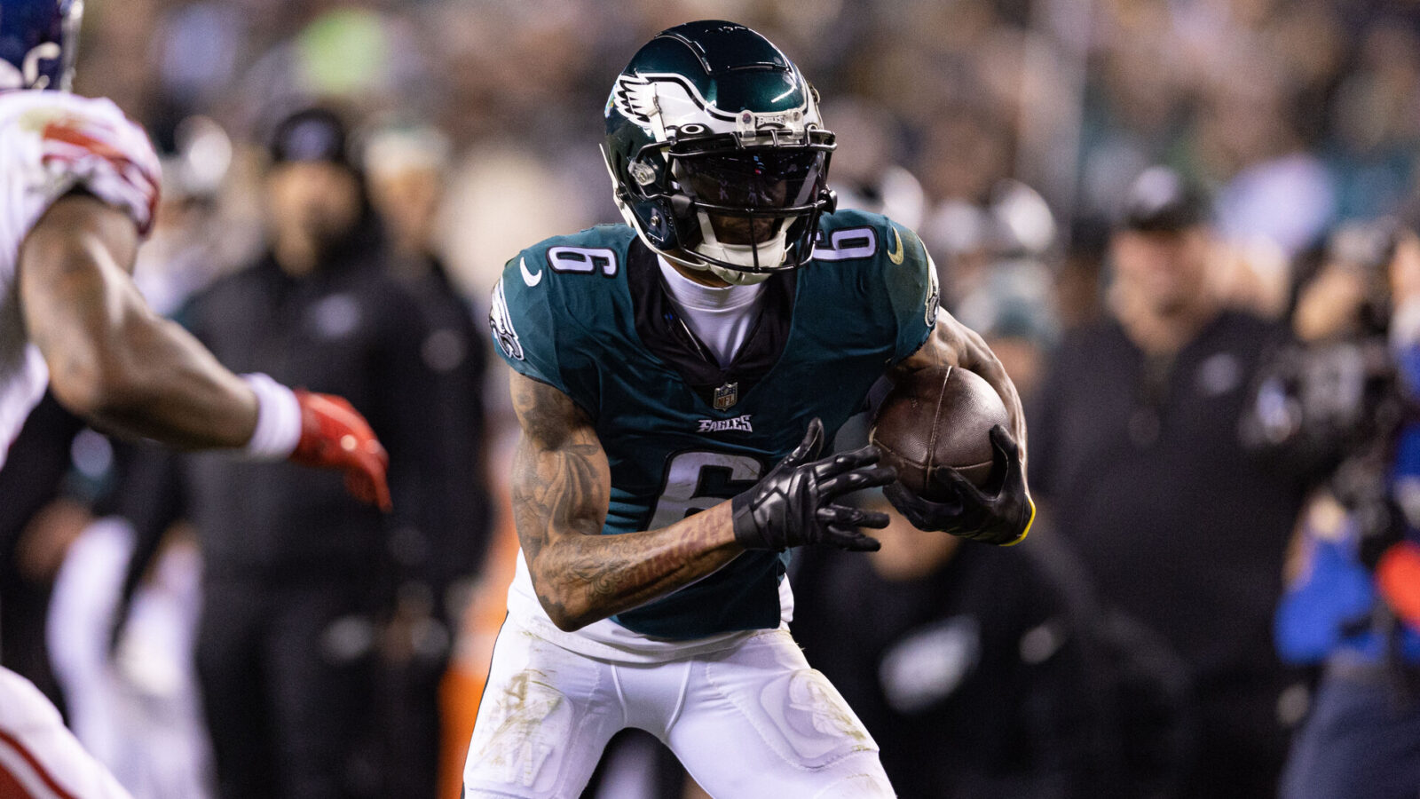 Jan 21, 2023; Philadelphia, Pennsylvania, USA; Philadelphia Eagles wide receiver DeVonta Smith (6) runs with the ball against the New York Giants during an NFC divisional round game at Lincoln Financial Field.