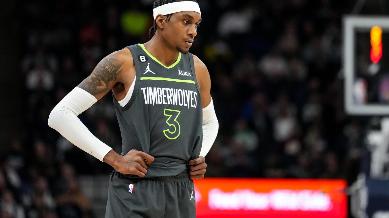 Minnesota Timberwolves forward Jaden McDaniels (3) looks on during a game between the Minnesota Timberwolves and Houston Rockets at Target Center.
