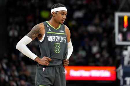 Minnesota Timberwolves forward Jaden McDaniels (3) looks on during a game between the Minnesota Timberwolves and Houston Rockets at Target Center.