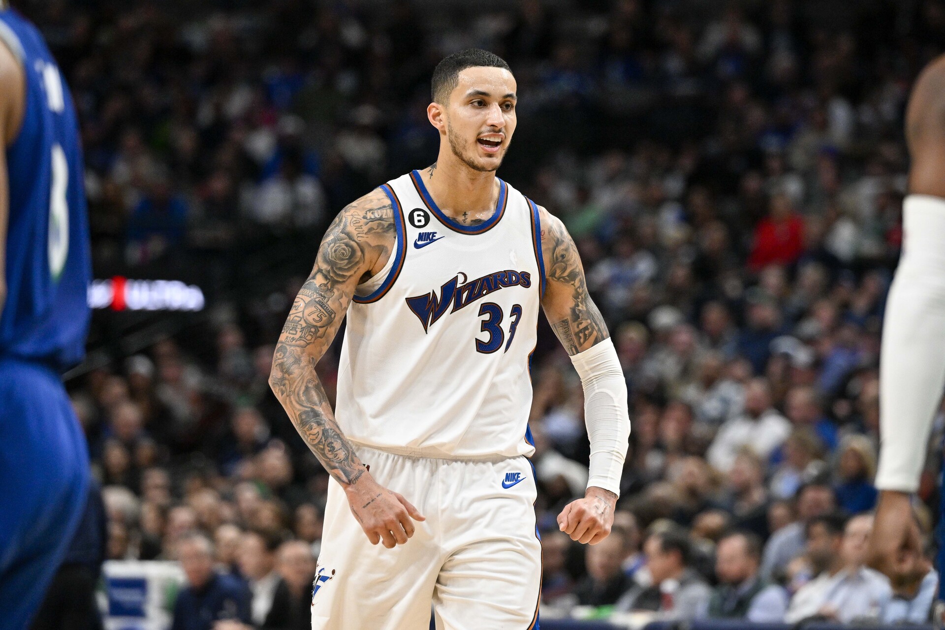Washington Wizards forward Kyle Kuzma (33) celebrates during the second half against the Dallas Mavericks at the American Airlines Center.