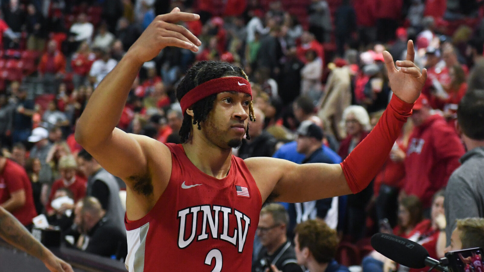 UNLV Runnin' Rebels guard Justin Webster (2) celebrates the win over the Nevada Wolf Pack at Thomas & Mack Center.