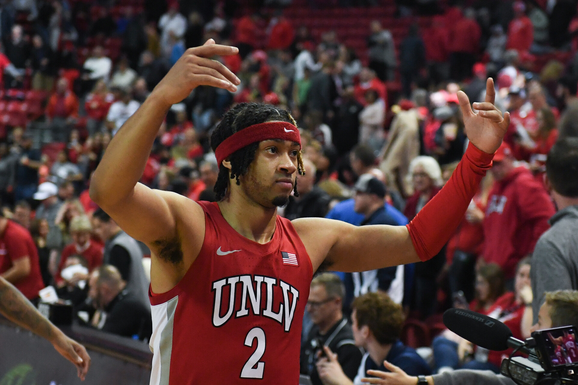 UNLV Runnin' Rebels guard Justin Webster (2) celebrates the win over the Nevada Wolf Pack at Thomas & Mack Center.