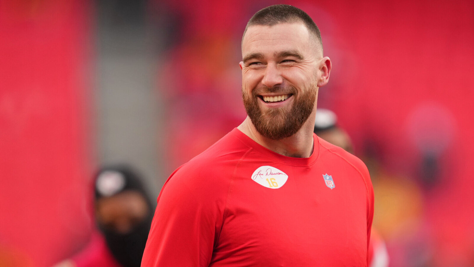 Kansas City Chiefs tight end Travis Kelce (87) looks on before the AFC Championship game between the Kansas City Chiefs and the Cincinnati Bengals at GEHA Field at Arrowhead Stadium.