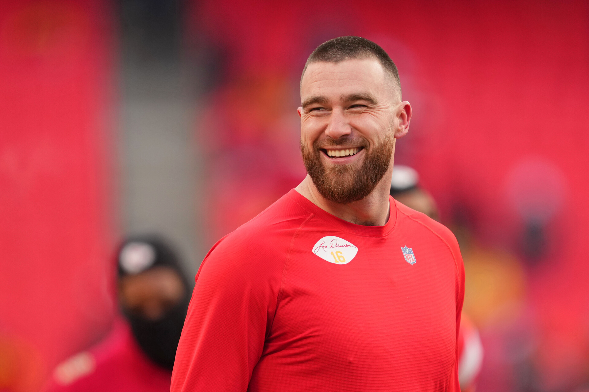 Kansas City Chiefs tight end Travis Kelce (87) looks on before the AFC Championship game between the Kansas City Chiefs and the Cincinnati Bengals at GEHA Field at Arrowhead Stadium.