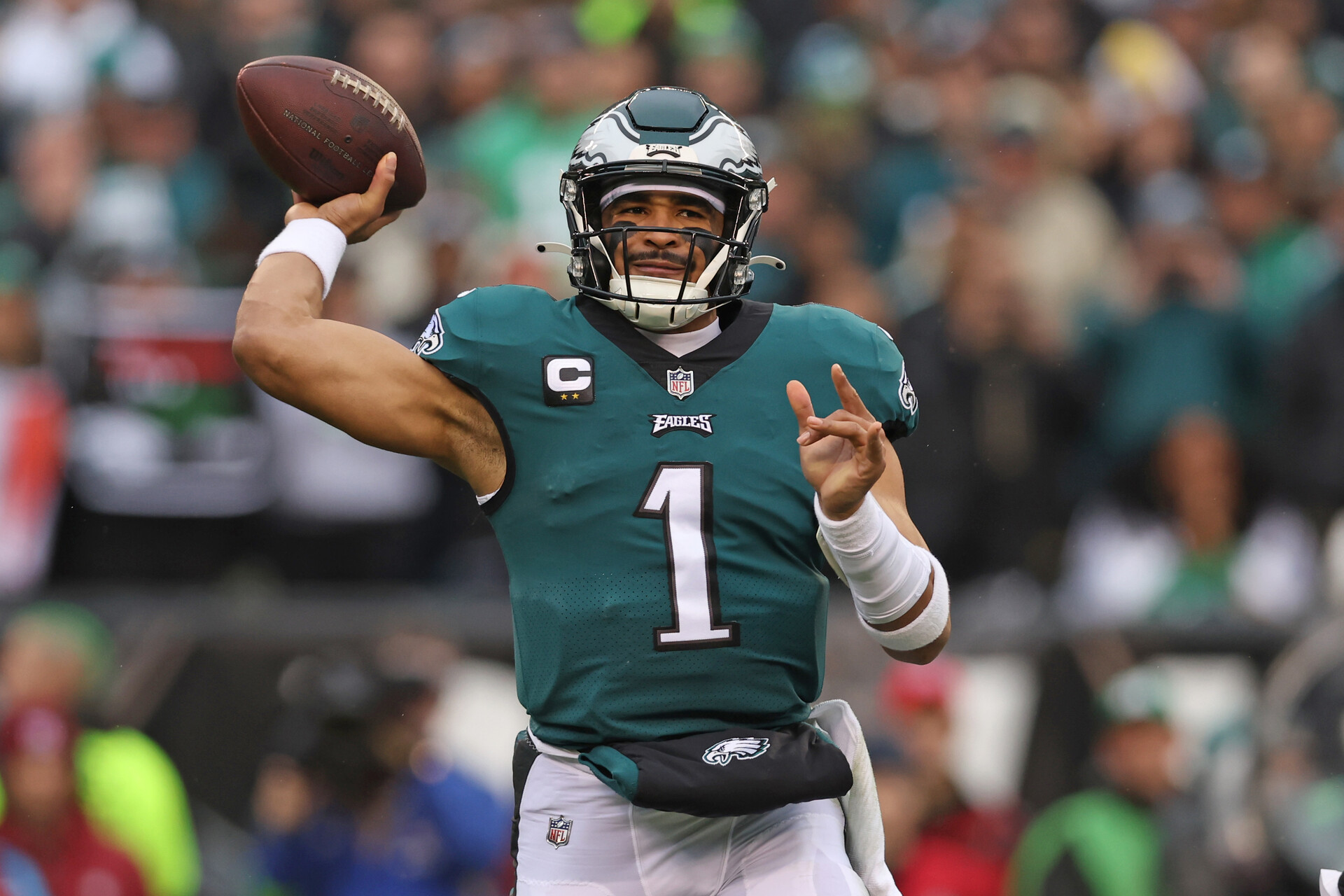 Jan 29, 2023; Philadelphia, Pennsylvania, USA; Philadelphia Eagles quarterback Jalen Hurts (1) throws a pass during the first quarter against the San Francisco 49ers in the NFC Championship game at Lincoln Financial Field.